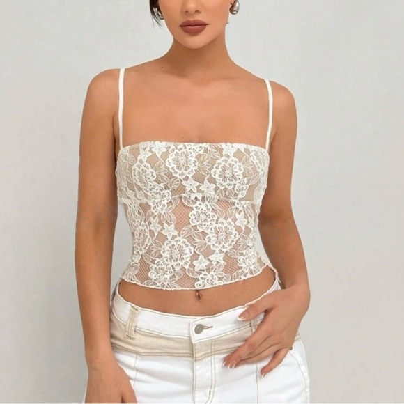 Source Unknown Tops - White Mesh + Lace backless top – corset style back ties | sheer, Romantic & Sexy